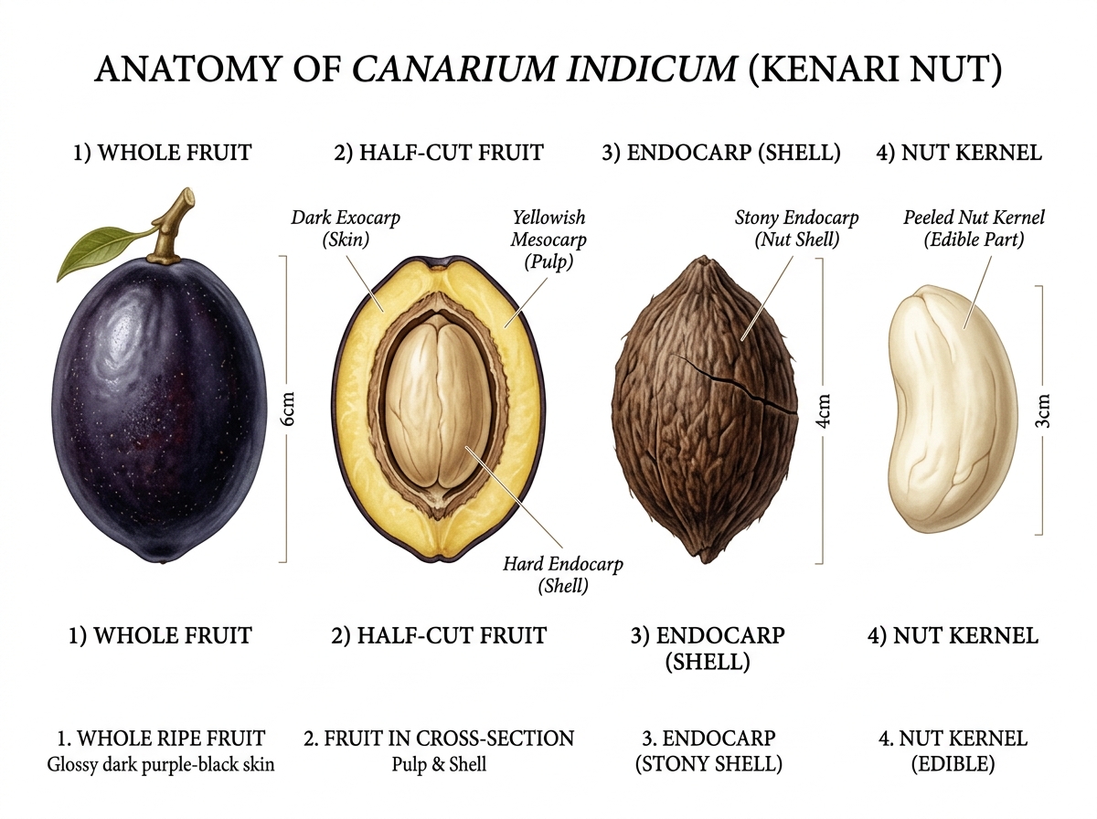 Anatomi Buah Kenari (Canarium indicum): Kulit buah hitam, daging buah, cangkang keras pelindung biji, dan biji kenari kupas